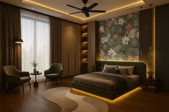 Luxury Bedroom with Botanical Accent Wall